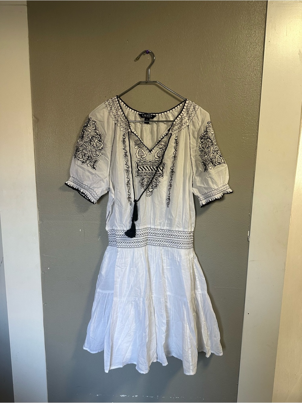 Ralph Lauren White Cotton Embroidered Midi Dress with Black Detail